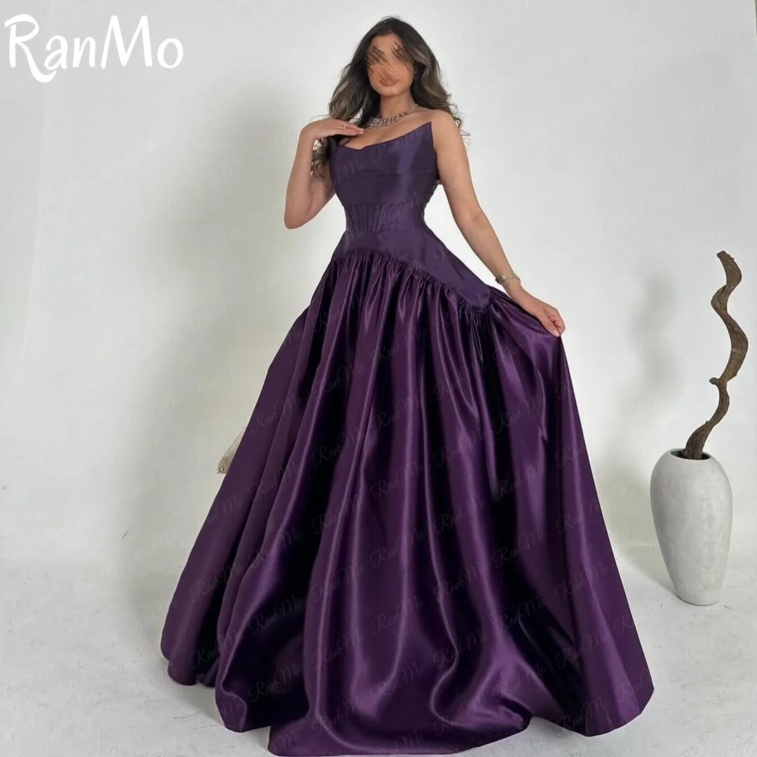 Ranmo 우아한 딥 퍼플 Strapless 파티 드레스 스퀘어 칼라 A 라인 Pleats de fiesta 새틴 백 지퍼 바닥 길이فساتين سهرة