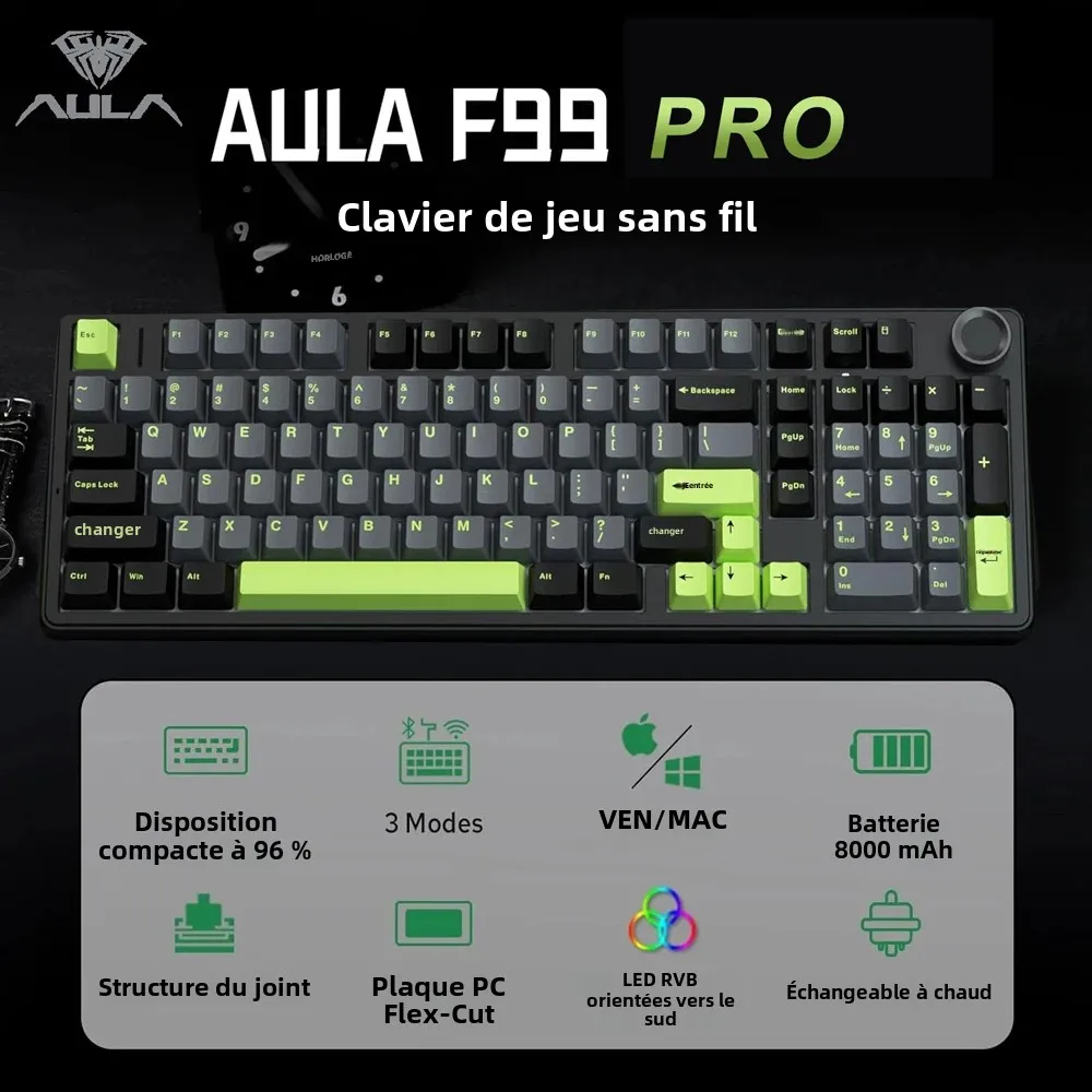 AULA F99PRO clavier mécanique de jeu 99 touches trois modes sans fil Structure de joint échangeable à chaud clavier personnalisé avec bouton multimédia