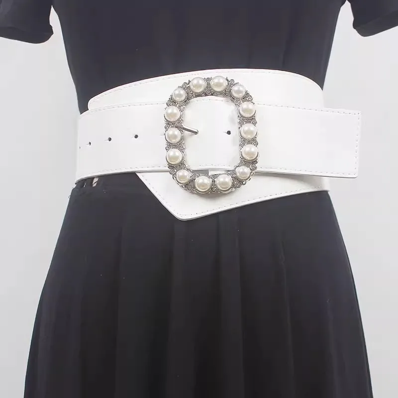 

Women's Runway Fashion Pearl Buckle PU Leather Cummerbunds Female Dress Corsets Waistband Belts Decoration Wide Belt R269