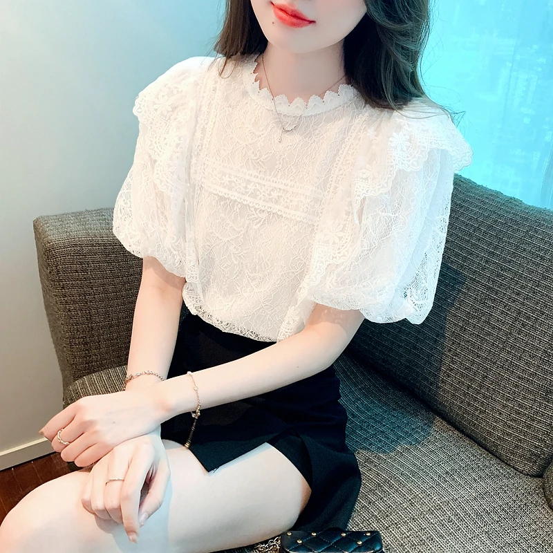 Summer Women Tops Short Sleeve Blouse Women Blusas Mujer De Moda 2024 Verano O-Neck Ruffles Lace Blouse Shirt Women Blouses G488