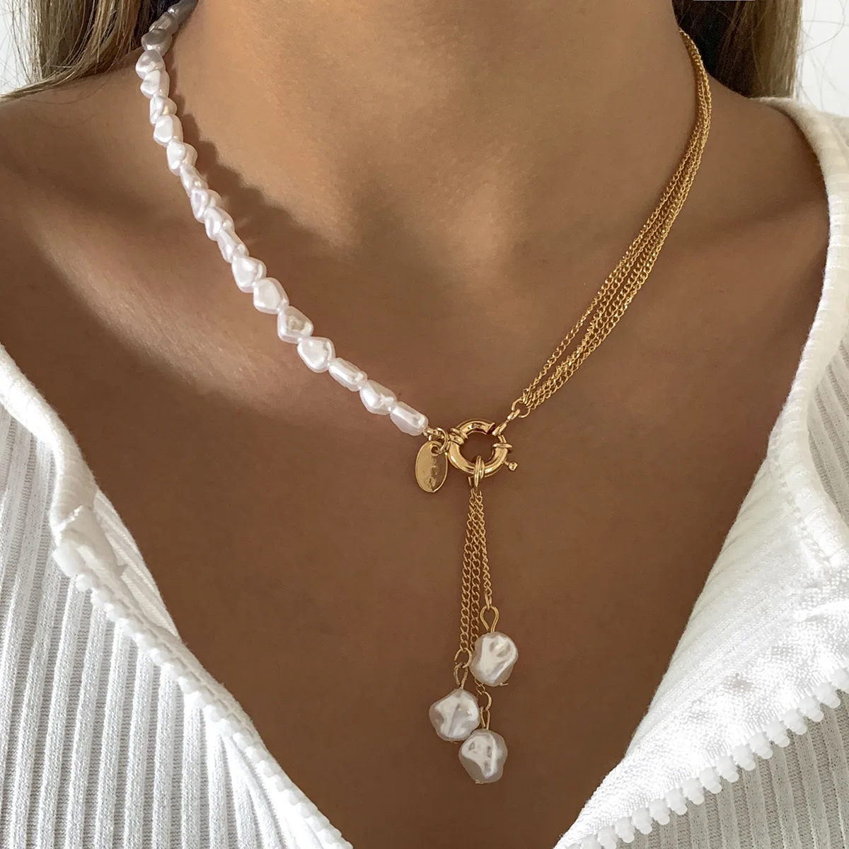 Accessories, Baroque special-shaped pearl fringed necklace, simple geometric multi-layer chain necklace with temperament