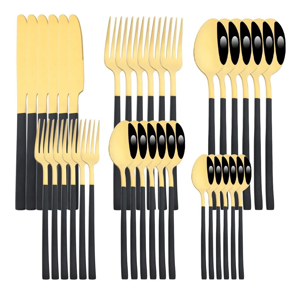 36Pcs Black Gold Tableware Set Western Stainless Steel Dinnerware Knife Fork Spoon Flatware Set Complete Kitchen Cutlery Set