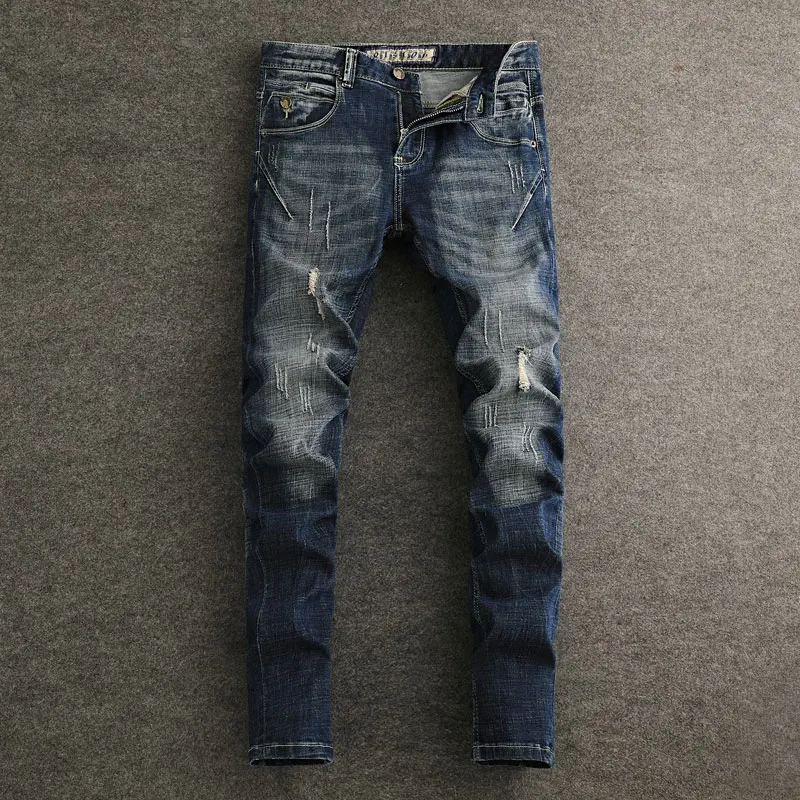 

Fashion Designer Men Jeans Retro Black Blue Stretch Slim Fit Spliced Ripped Jeans Men Italian Style Vintage Denim Pants Hombre