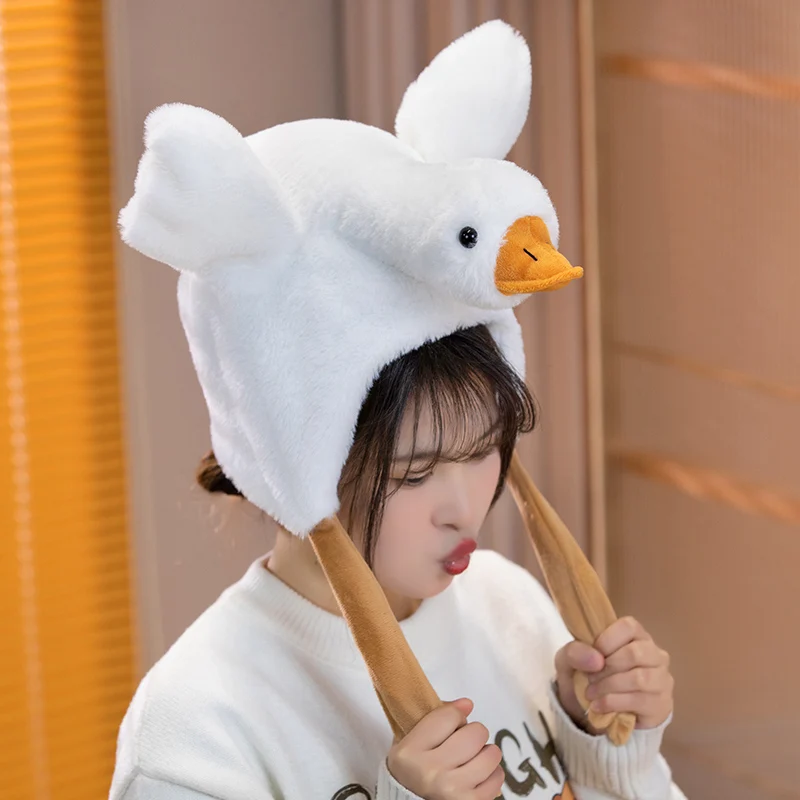 Fun And Creative Big White Goose Hat Plush Toy Pinch Goose Feet Wings Can Flap And Take Off For Boys And Girls Fun Holiday Gifts