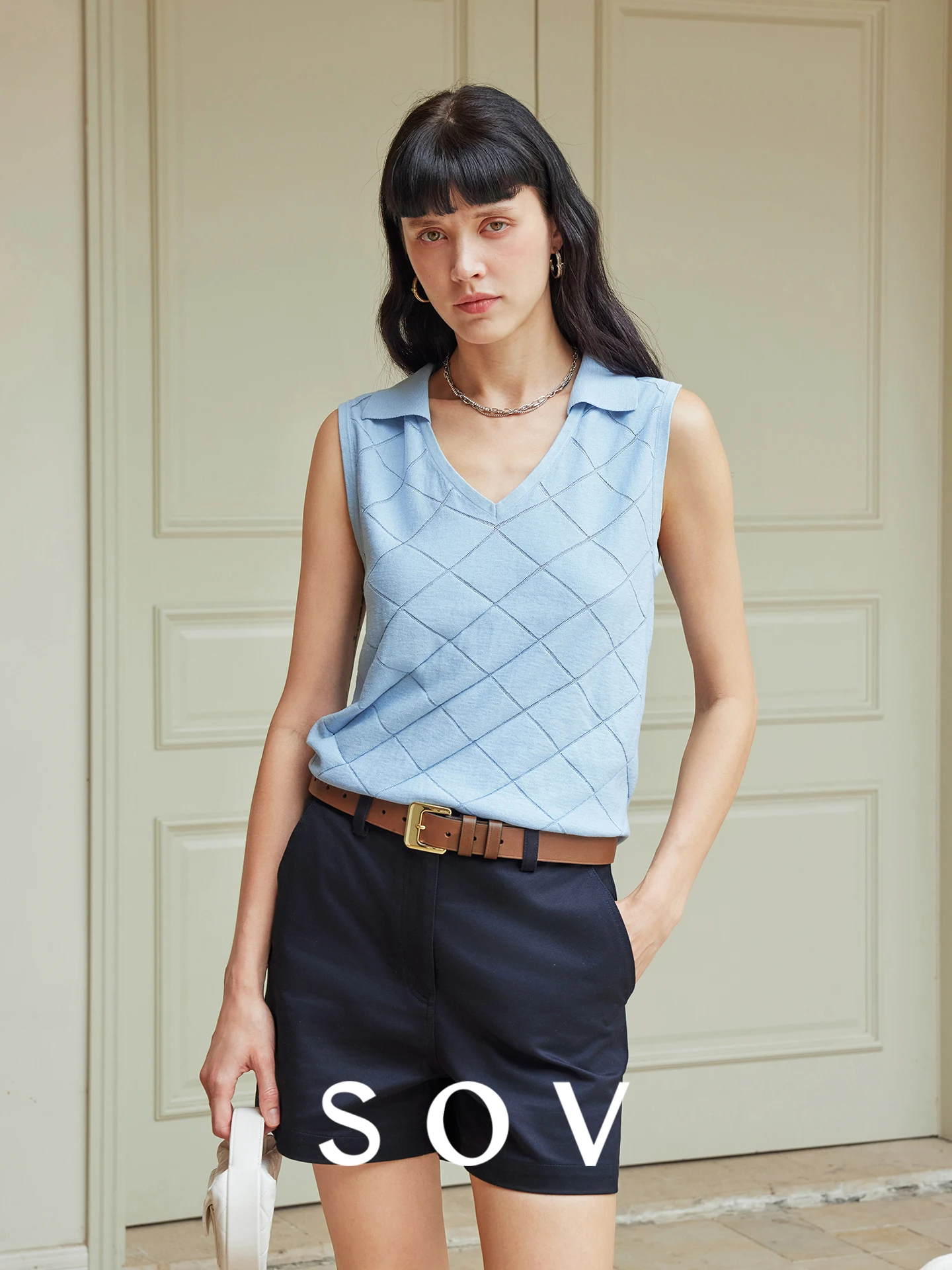 

SOV Santorini Mixed Silk Cotton Diamond Collar Knitted Vest Breathable Skin-friendly Commute Sle Summer Season Regular Length