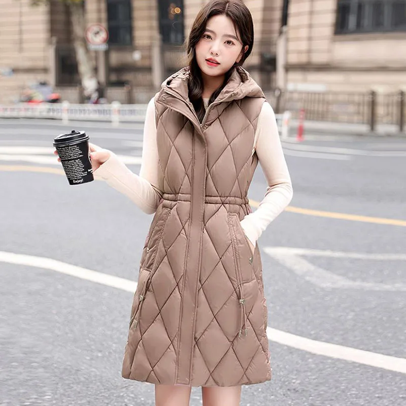 

New Winter Down Cotton Vest coat Women Padded Sleeveless Jacket Female Warm Puffer Coats Ladies Long hooded Waistcoat Khaki