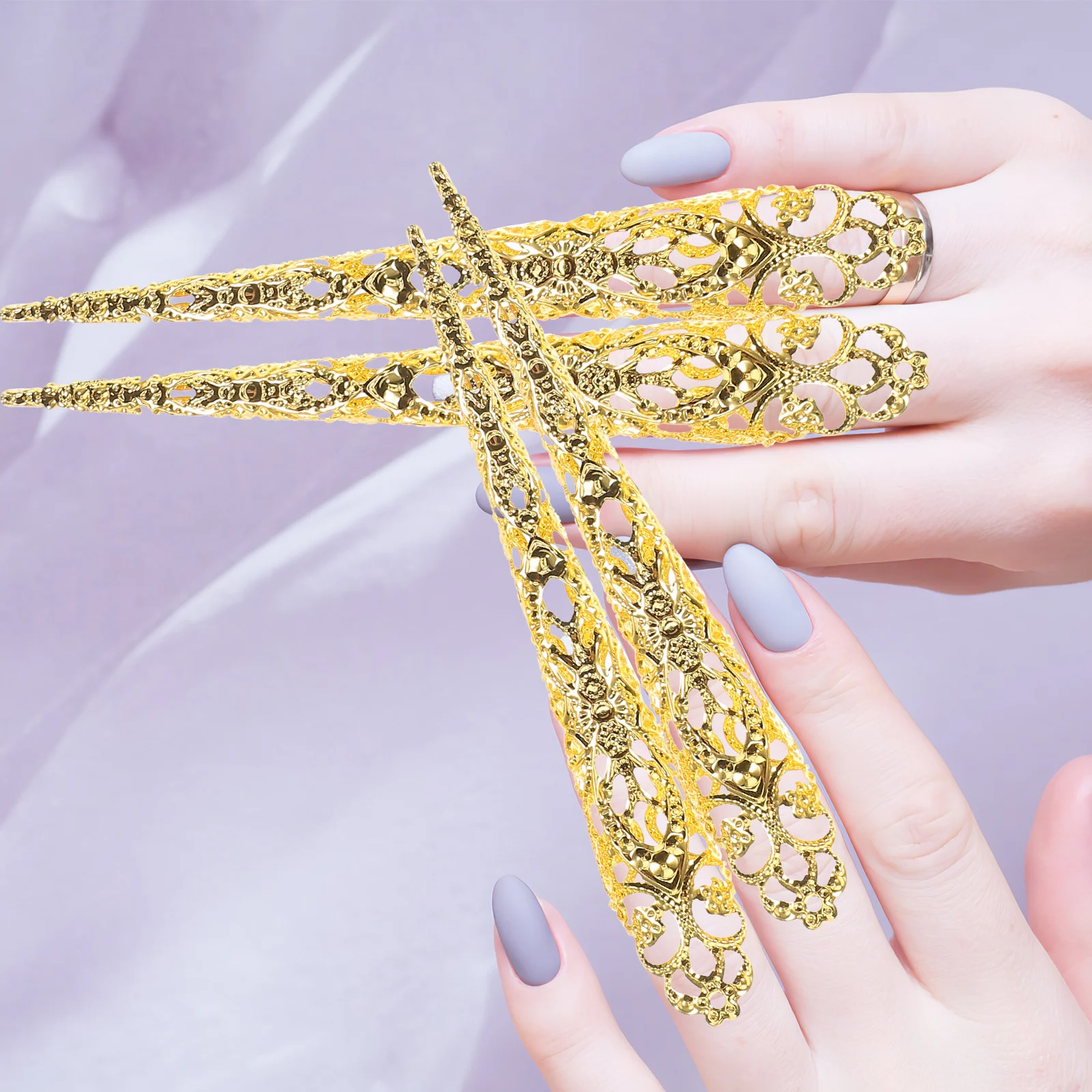 

10pcs Long Artificial Nail Claws Hollow Iron Design Halloween Cosplay Party Festival Costume Jewelry Accessory Ring