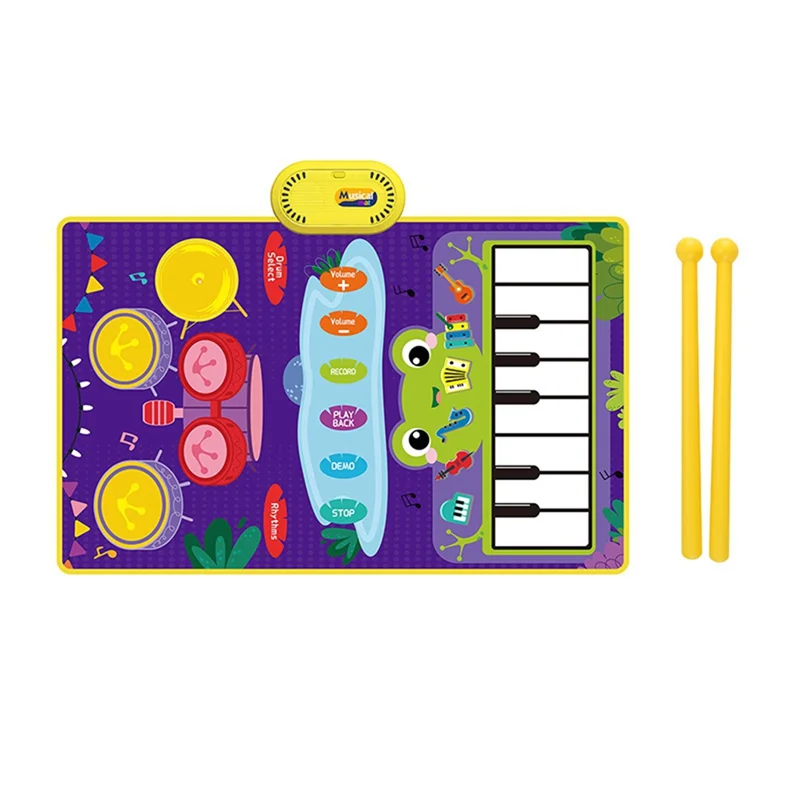 2-In-1 , Toddler Piano Keyboard and Drum Floor Mat with Sticks, Early Music Learning Sensory Toys for Ages 1-3