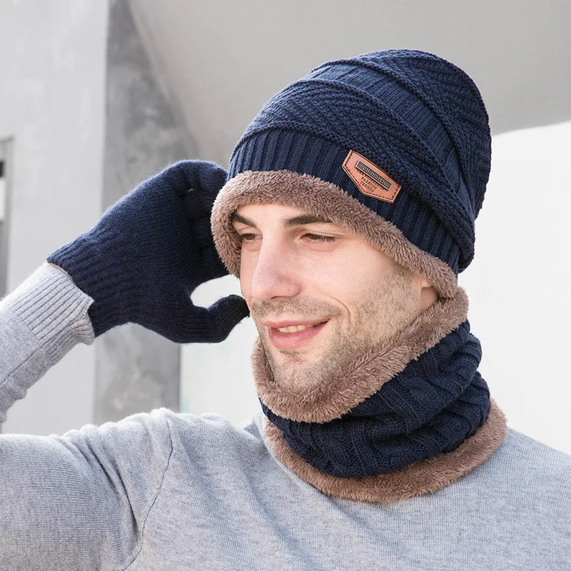 Conjunto de gorro y guantes de punto para hombre y mujer, gorros gruesos de felpa, calentador de cuello a prueba de viento, traje de esquí para exteriores