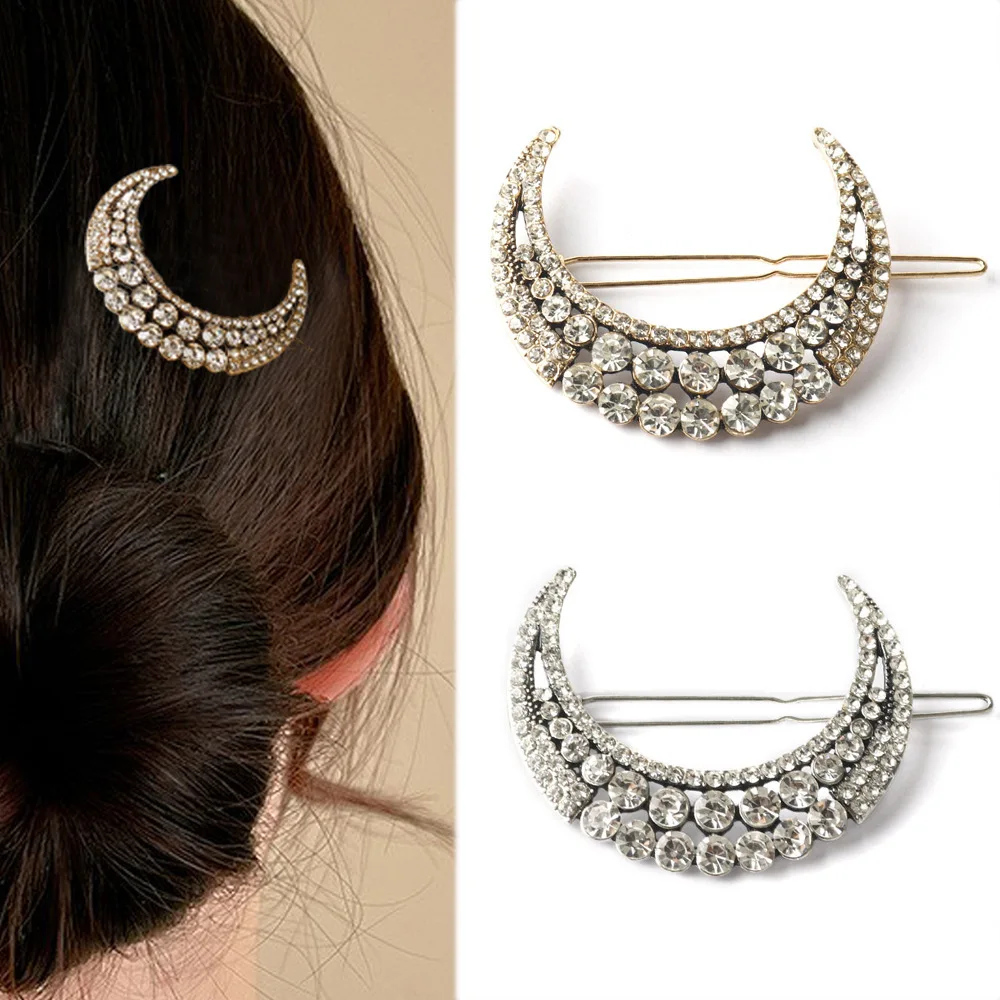 Pince à cheveux en forme de lune en cristal pour femmes, bijoux Vintage, épingles à cheveux, accessoires pour cheveux, argent doré, 1 pièce