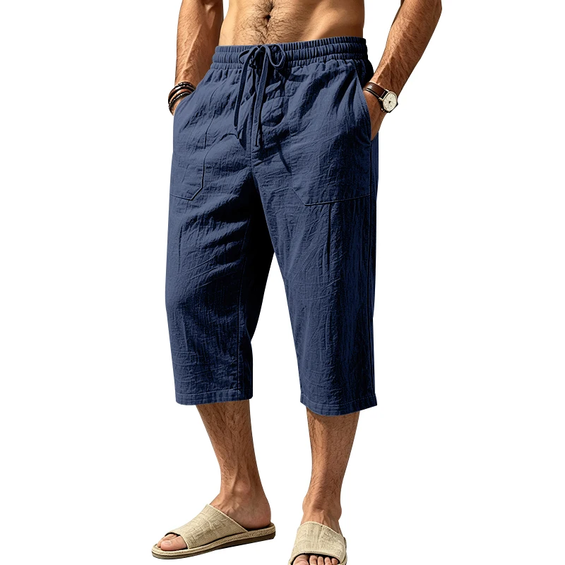 Men's 1-piece Linen Drawstring Cropped Pants, Lightweight Knee-Length, Relaxed Linen Feel, Casual Beach Summer Pants