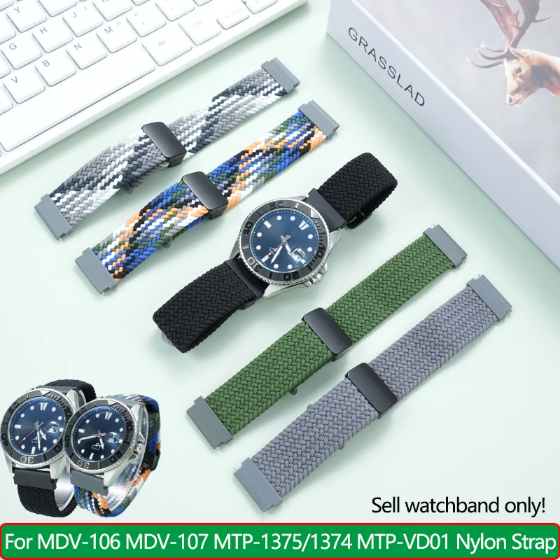 22mm Nylon Braided Strap for Casio Swordfish Watch MDN-106/107 Elasticity Strap MTP-1374/1375 MTP-VD01 Magnetic buckle watchband