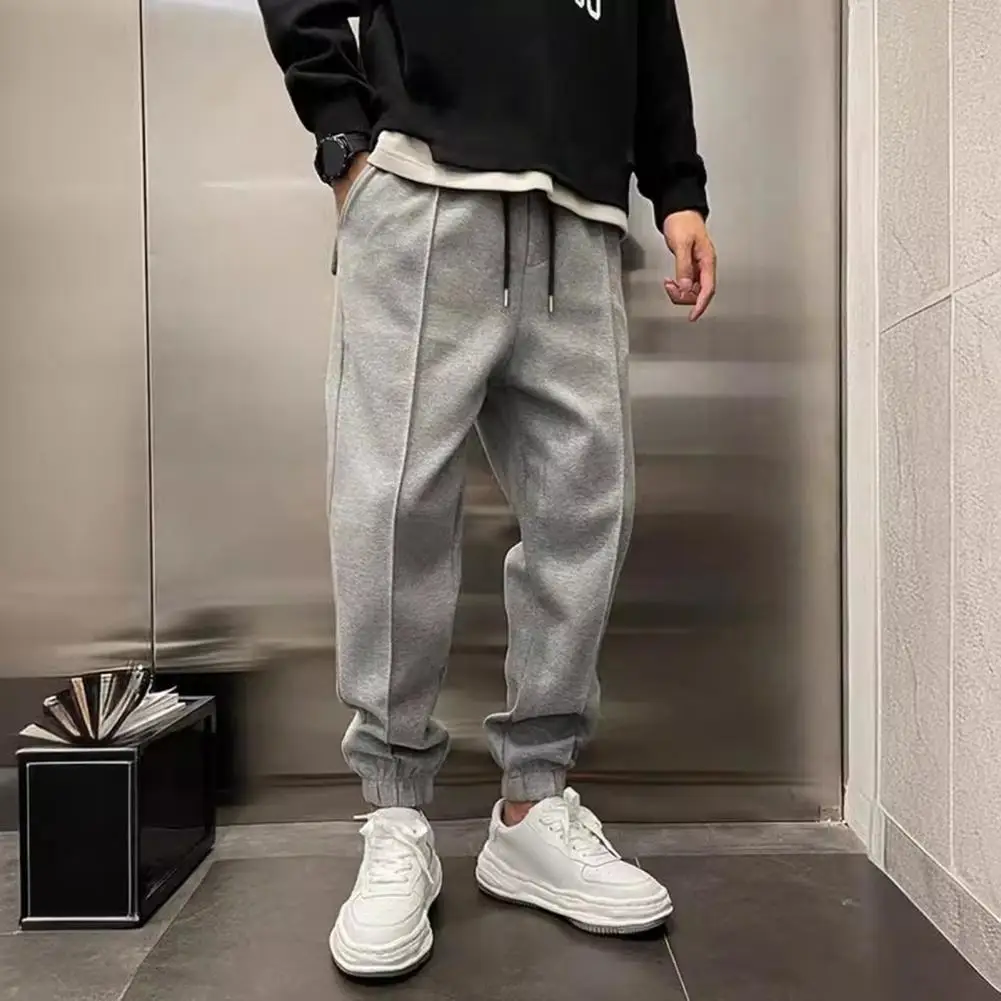 Men Pants Ankle-banded Side Pockets Drawstring Elastic Waist Loose Solid Color Gym Traning Jogging Sweatpants Long Trousersrk.