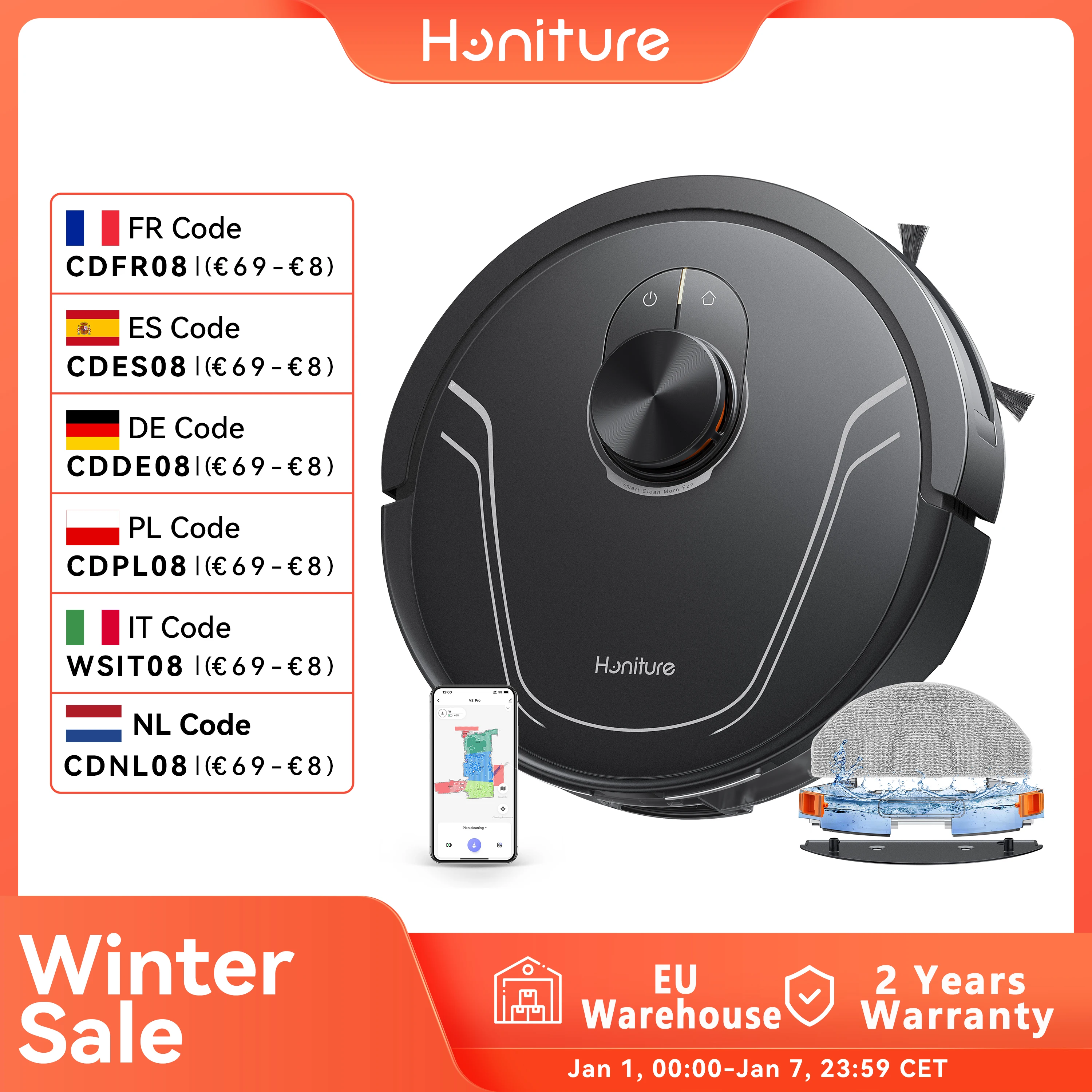 HONITURE Robot Vacuum and Mop Combo Laser Navigator 5000Pa 180 Mins Multi-Level Mapping No-go Zones Self-Charging App Control