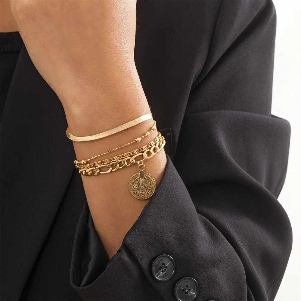 Vintage Fashion Gold-plate Geometric Multilevel Thick Chain Bracelet For Women Metal Star Ball Coin Pendant Festival Jewelry