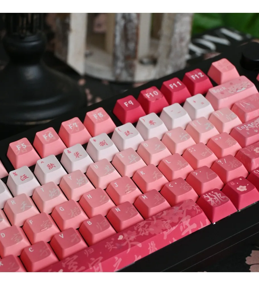 Original height PBT material five-sided sublimation customized large full set of pink peach blossom keycaps