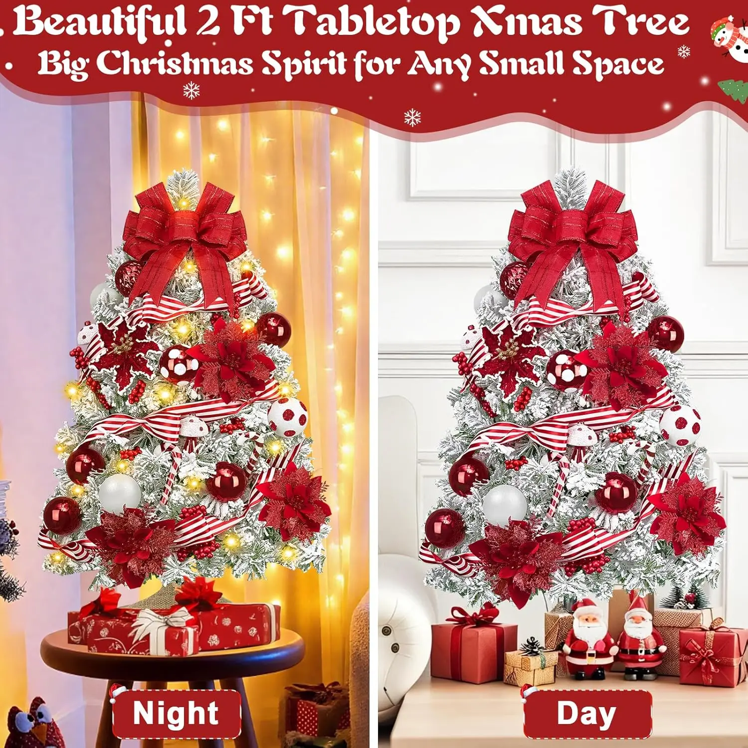 شجرة عيد الميلاد المتدفقة المضاءة مسبقًا بطول 2 أقدام مع زينة للعطلات الداخلية الصغيرة