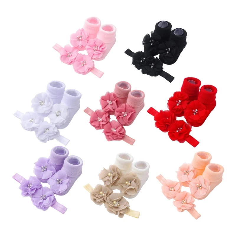 

Flower Hair Accessory & Non Slip Socks Combo Fashionable Baby Headband with Soft Socks Comfortable Wearing for Babies