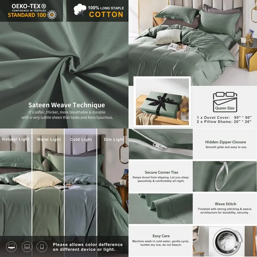 

Роскошный комплект пододеяльников King Size Grey Sage из хлопка и атласа, ультрамягкое постельное белье из трех предметов (без одеяла в комплекте)