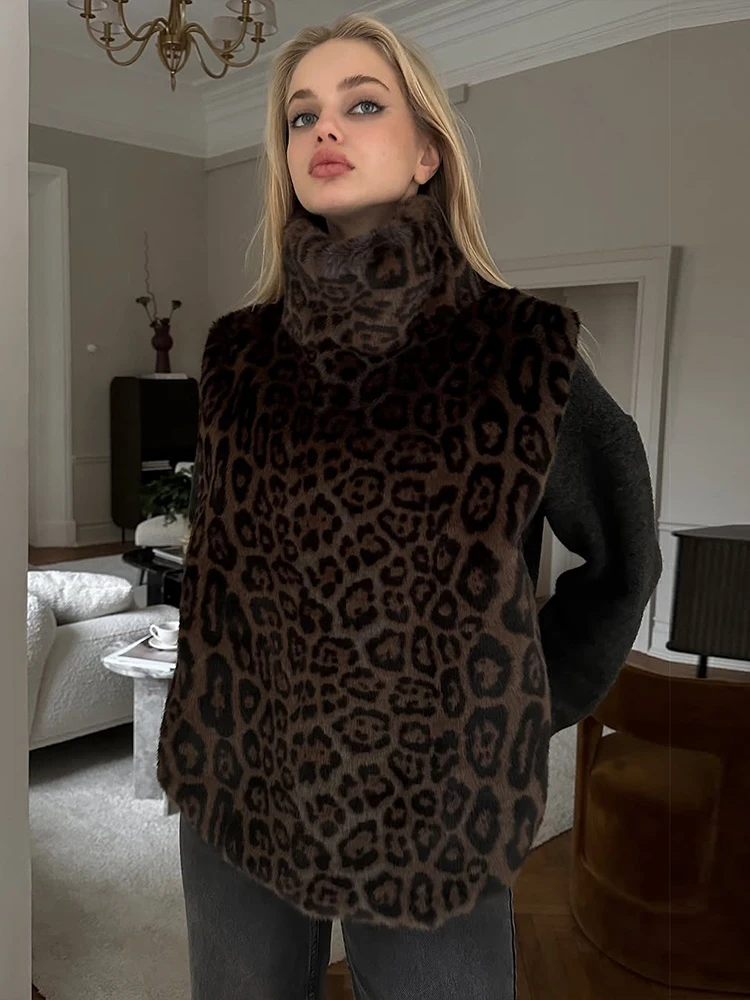 

Cutenew Turtleneck Leopard Furry Tank Top Women Elegant Trend Warm Winter Sleeveless Banquet Party Wild Hipster Streetwear