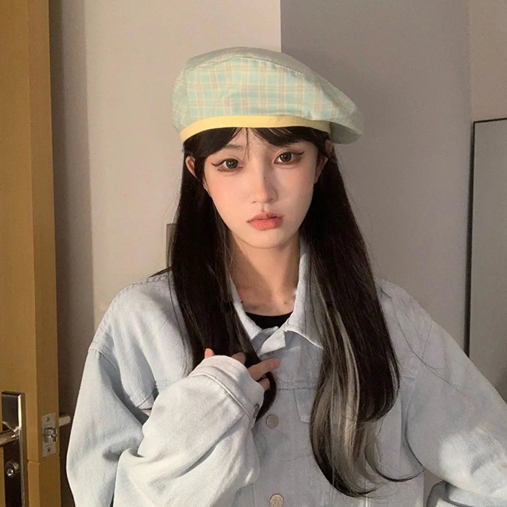 Topi Baret Wanita Jepang Warna Solid Motif Kotak-kotak Elegan Dua Sisi, Topi Pelukis Datar, Topi Segi Delapan untuk Pelajar