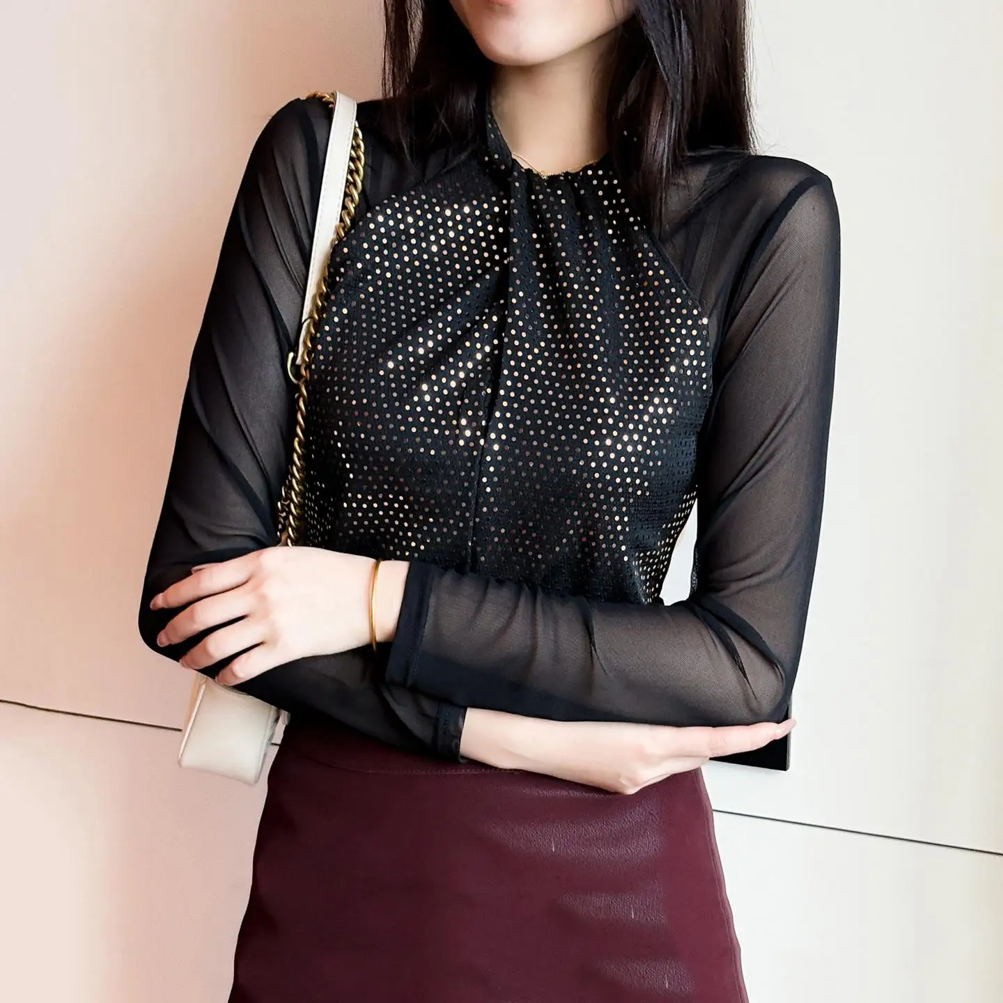 

Женский облегающий топ с пайетками и высоким воротником, осенне-зимний, в корейском стиле, для повседневной носки