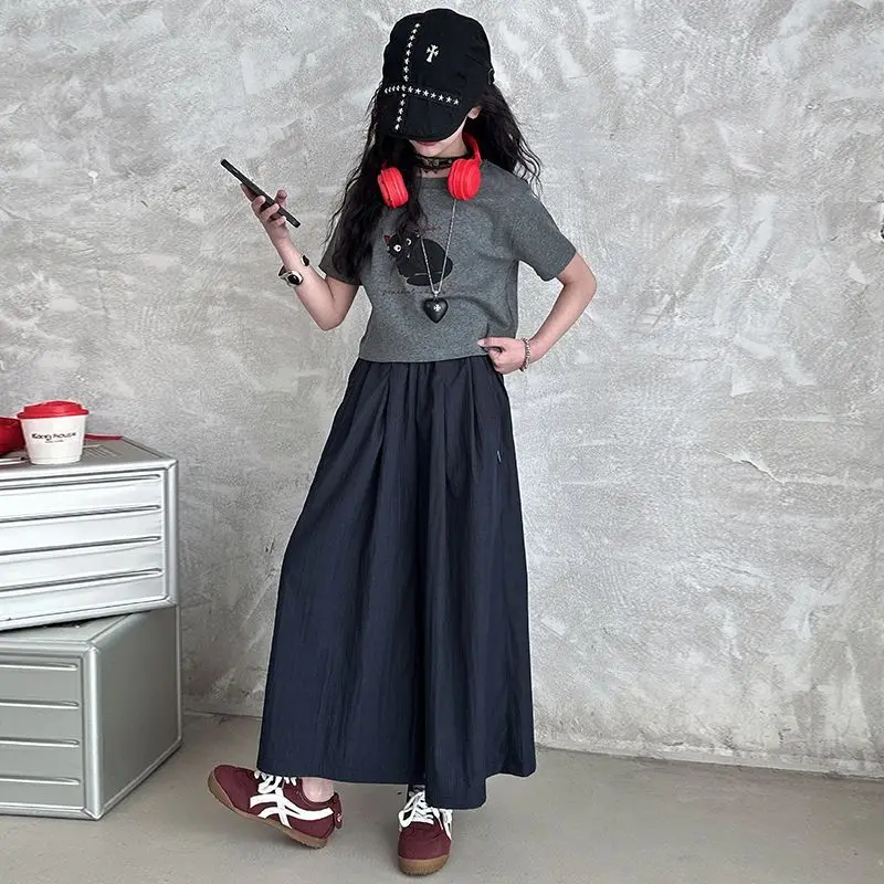2026 Summer Girls Cotton Stylish Cropped Cartoon t-Shirt Top+Navy Pleated Pant Set School Kids 2PCS Tracksuit Children Outfit