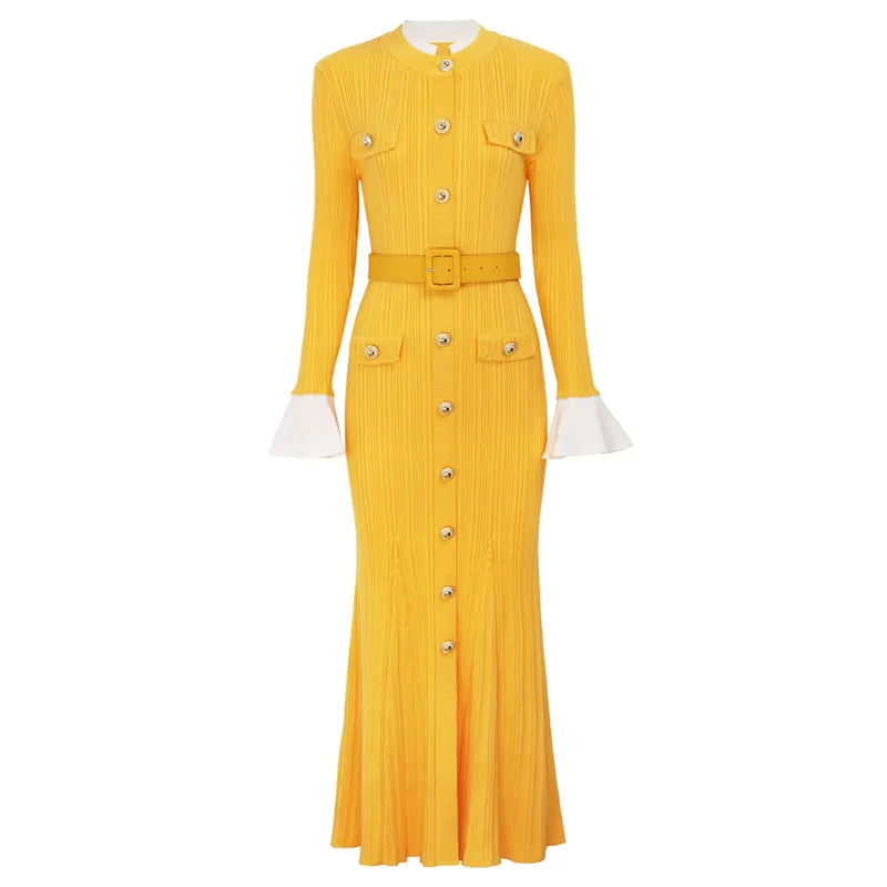 

Luxury Gold Button Design Women Jersey Dress Knitted Cotton Flare Sleeve Pleated Dresses With Belt