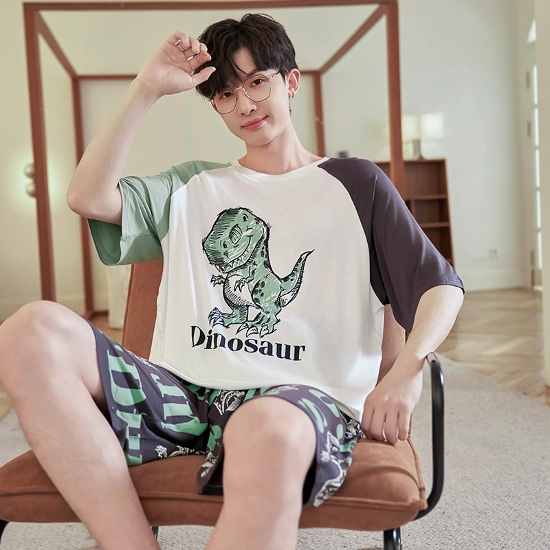 2024 Summer Pajamas Set Women Men Adult Korean Loose Sleepwear Pyjamas Cartoon Dinosaur Print Male Loungewear Pijama Home