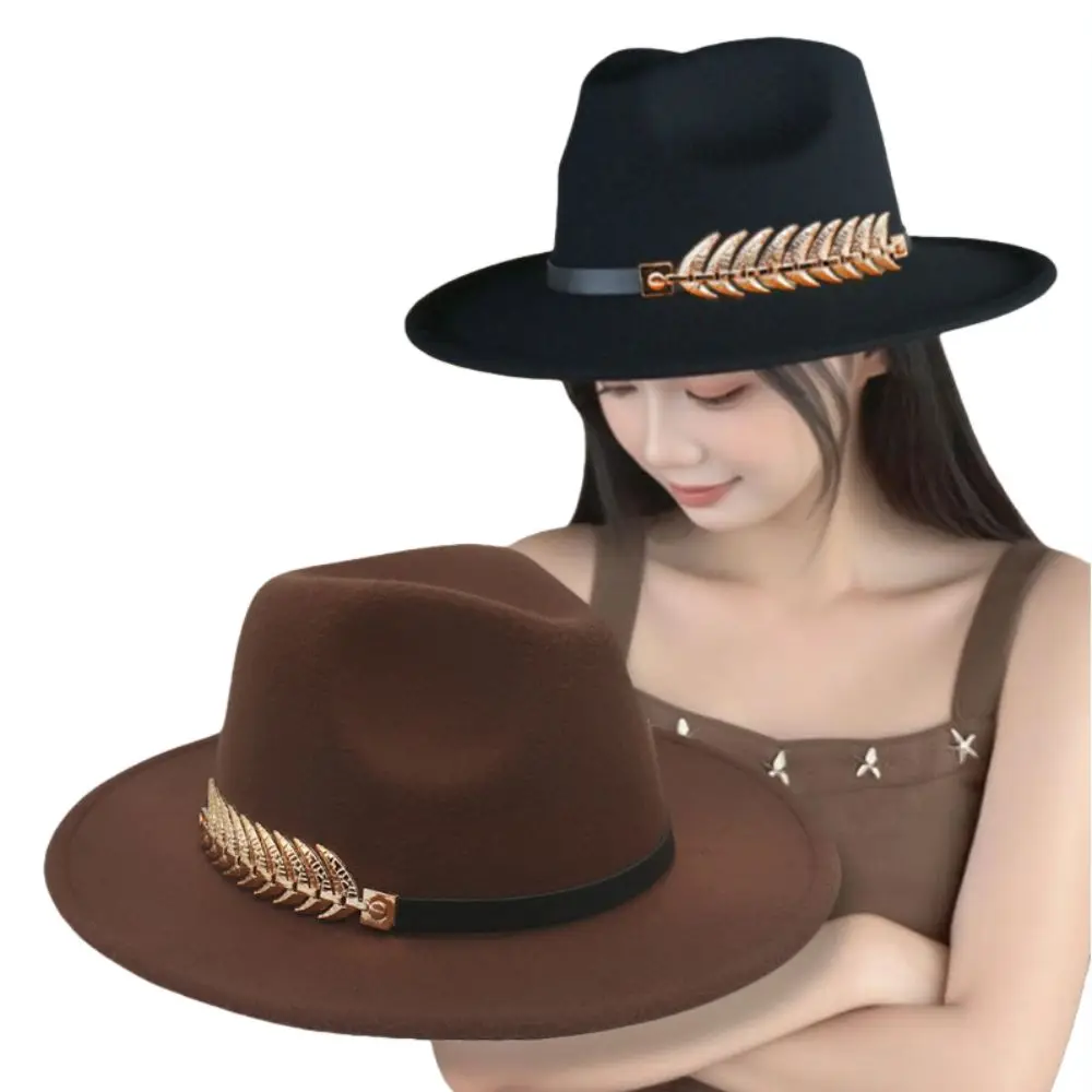 

Large Brimmed Woolen Hats Leaf Decoration Performance Cap Fedora Hat Formal Occasion Jazz Hats British Vintage Hats Men Women