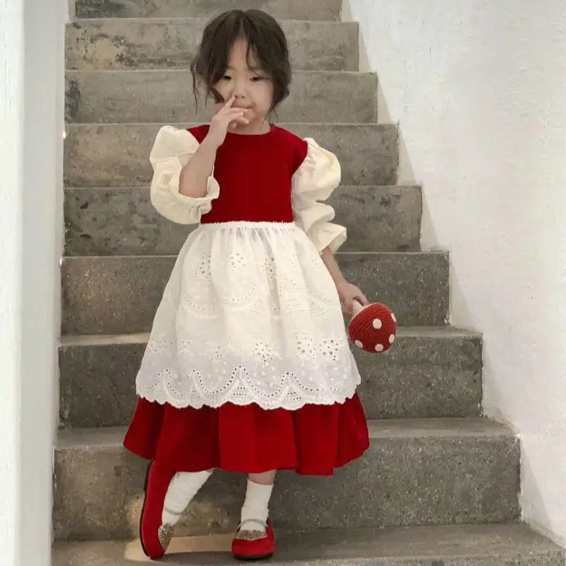 Eid Red Girl Vintage Spanish Dress Pompom Ball Princess Dress Lolita Christmas Party Dress for Girl