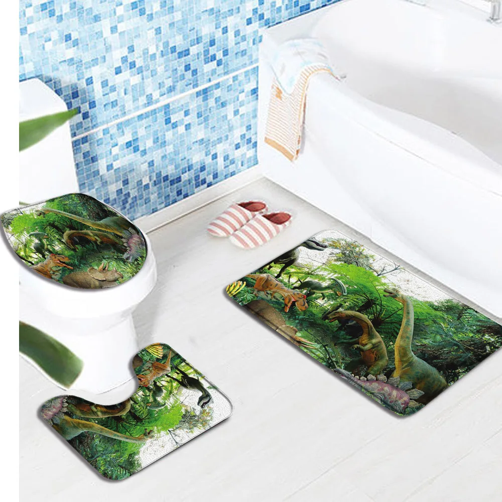 

3pcs Set Dinosaur Bath Mat Forest Wildlife Nature Scenery Bathroom Accessories Set Decor Flannel Anti Slip Foot Mat Rugs Carpet