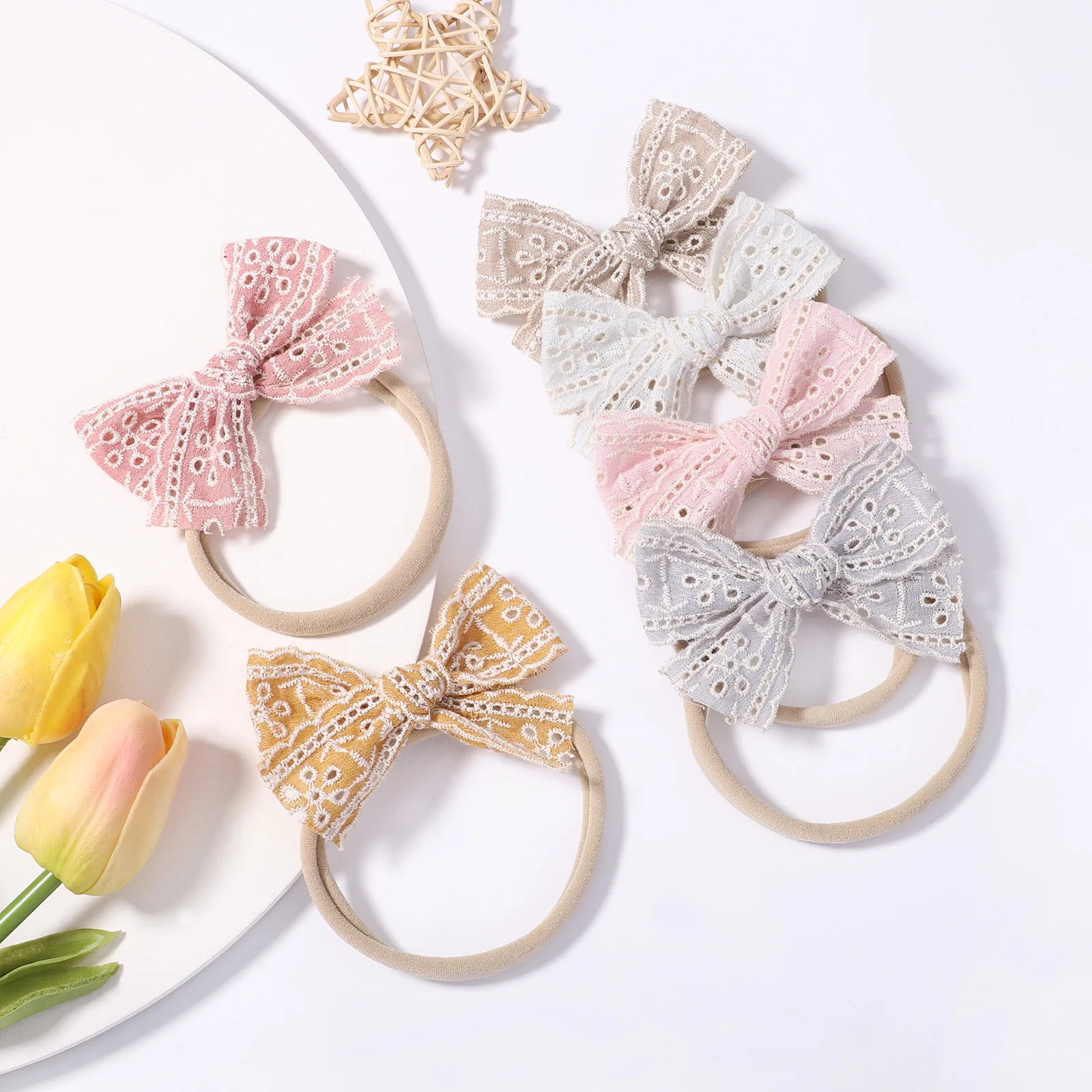 

30 Pcs/Lot, 3.3 Inch Handtied Embroidery Lace Bow Skinny Headbands, Baby Shower Gift Kids Girls Hair Accessories For 2022