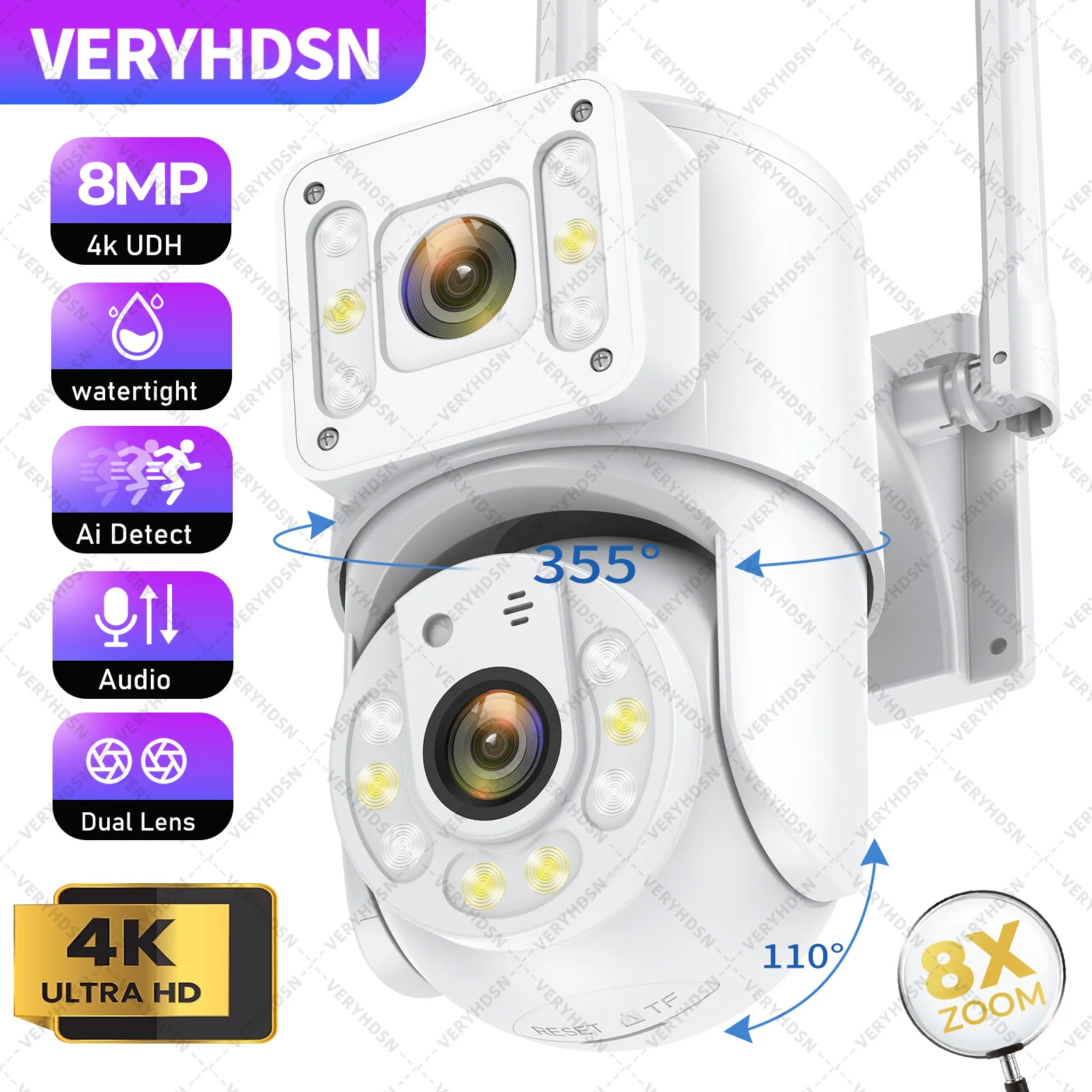 4K 8MP WiFi PTZ Dual Lens IP Camera CCTV Surveillance Cameras 4X Digital Zoom AI Human Detect ONVIF Outdoor Security Waterproof