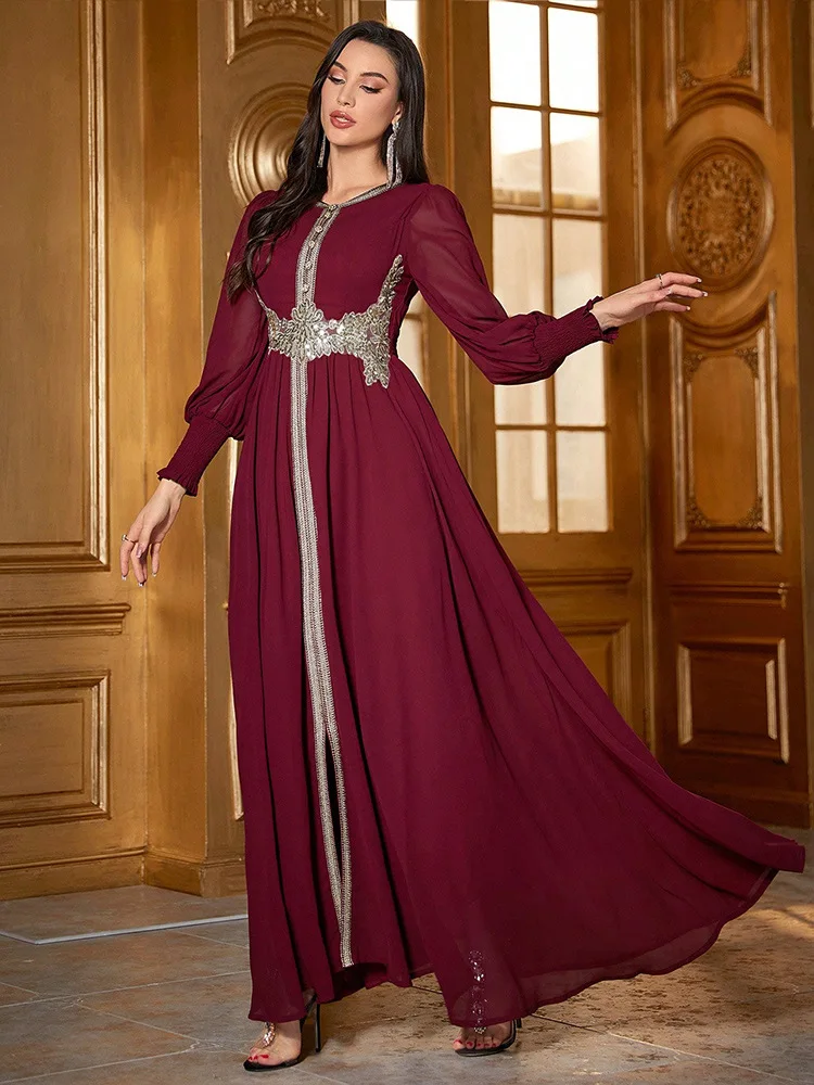 Ramadan Muslim Women Applique Long Sleeve Dress Marocain Abayas Dubai Turkey Kaftan Evening Caftan Arab Party Dresses Vestidos