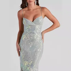 Women's Sexy V-neck Sequined Floor-length Evening Dress Elegant Slit Banquet Party Dress Female Backless Sleeveless Cocktail