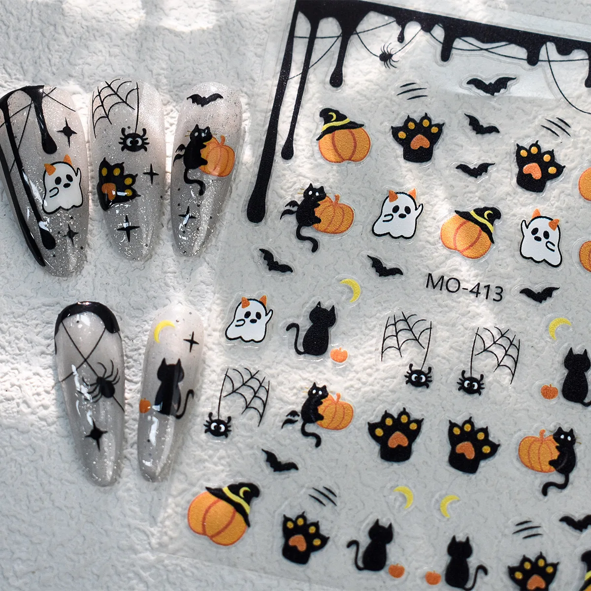

Premium Halloween Nail Stickers Jelly Embossed Ghost Pumpkin Skull Cute Waterproof Long Lasting for DIY Decor