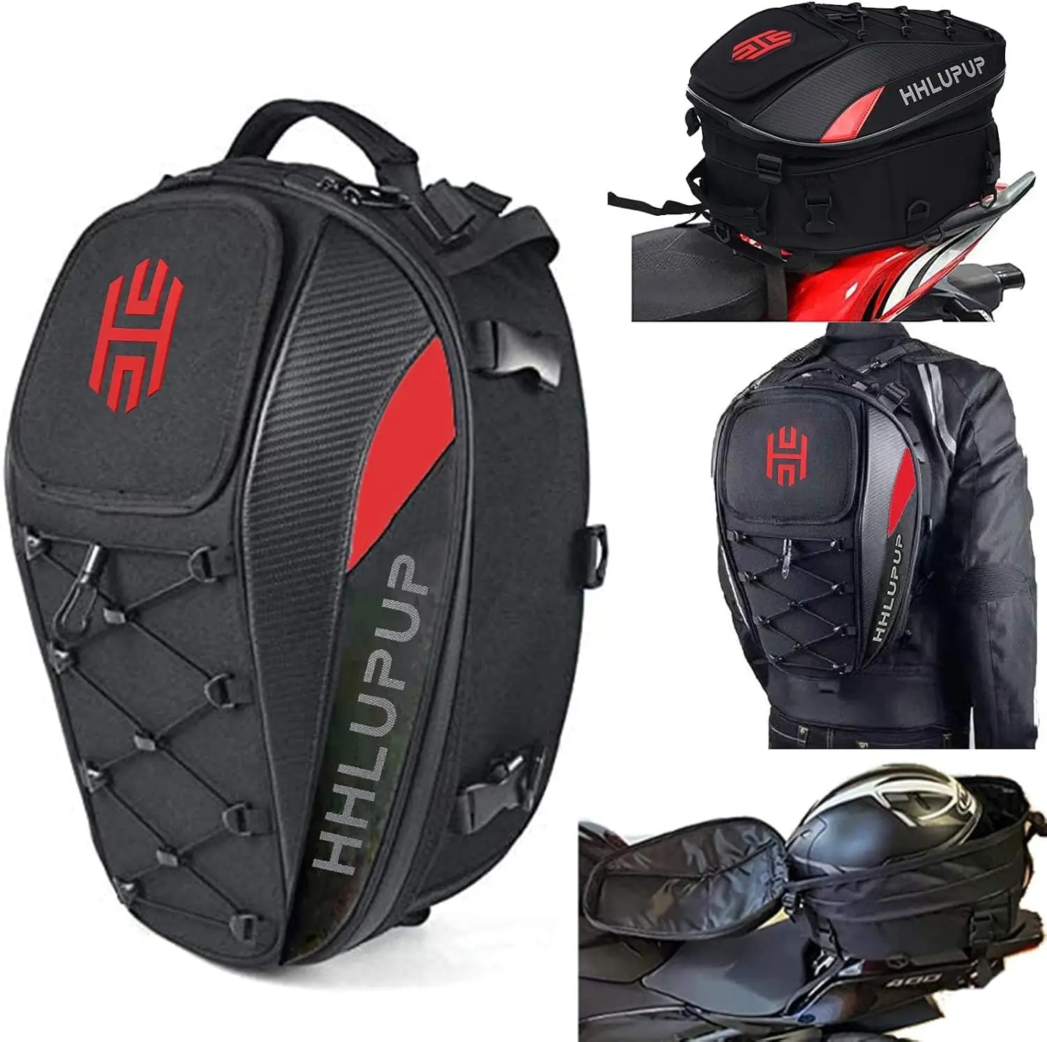 

38L Waterproof Motorcycle Tail Bag, Large Capacity Helmet Backpack, Red