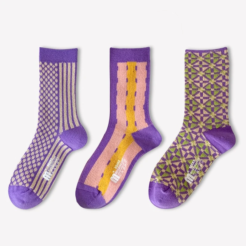 

Winter Purple Series Socks For Women Fashion Double Needle Middle Tube Sock Commuter Trendy Geometric Socks Stripes Female Sox