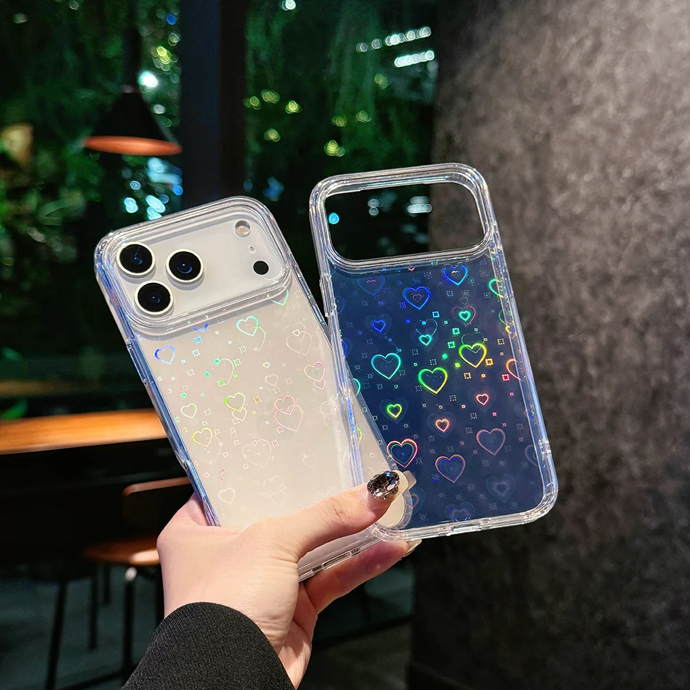 

For iphone 17 pro max case Transparent Laser heart-shaped pattern Cover. Cute and elegant style.17/17AIR