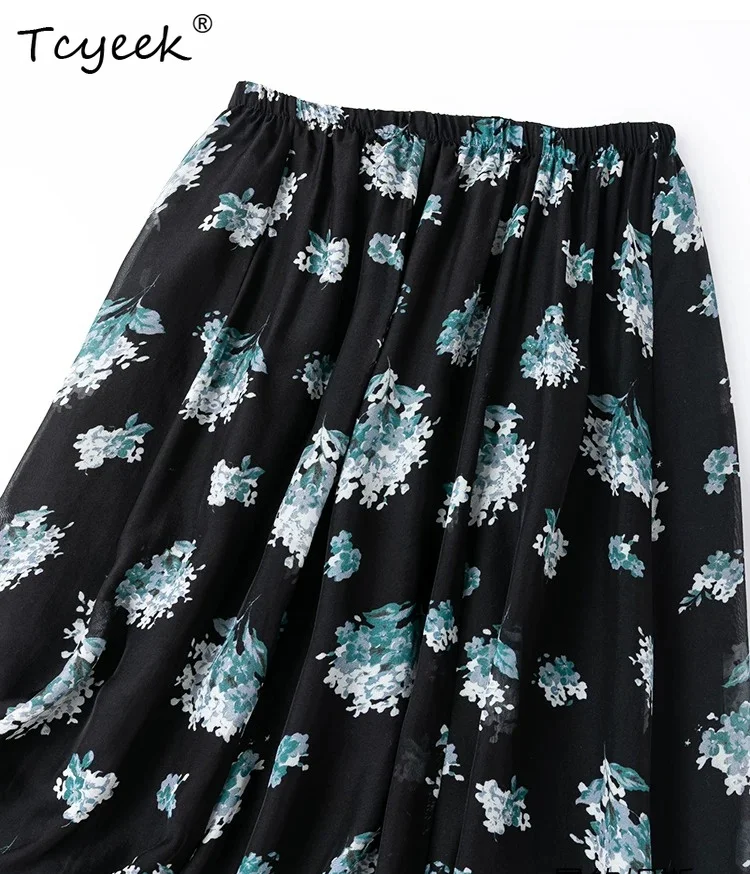 Tcyeek 100% Real Silk Summer Skirts for Women Fashion Beach Skirt Woman Clothes Elastic Waist Print 2026 Faldas Para Mujeres