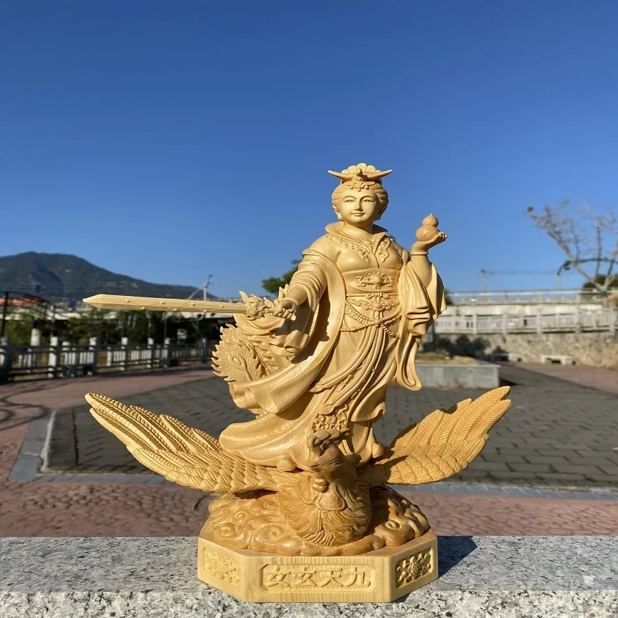 Estatua de madera de junipero tallada a mano Jiu Tian Xuan Nu - Figura de la Diosa de los Nueve Cielos montada en Fénix, adorno para el hogar, templo o altar