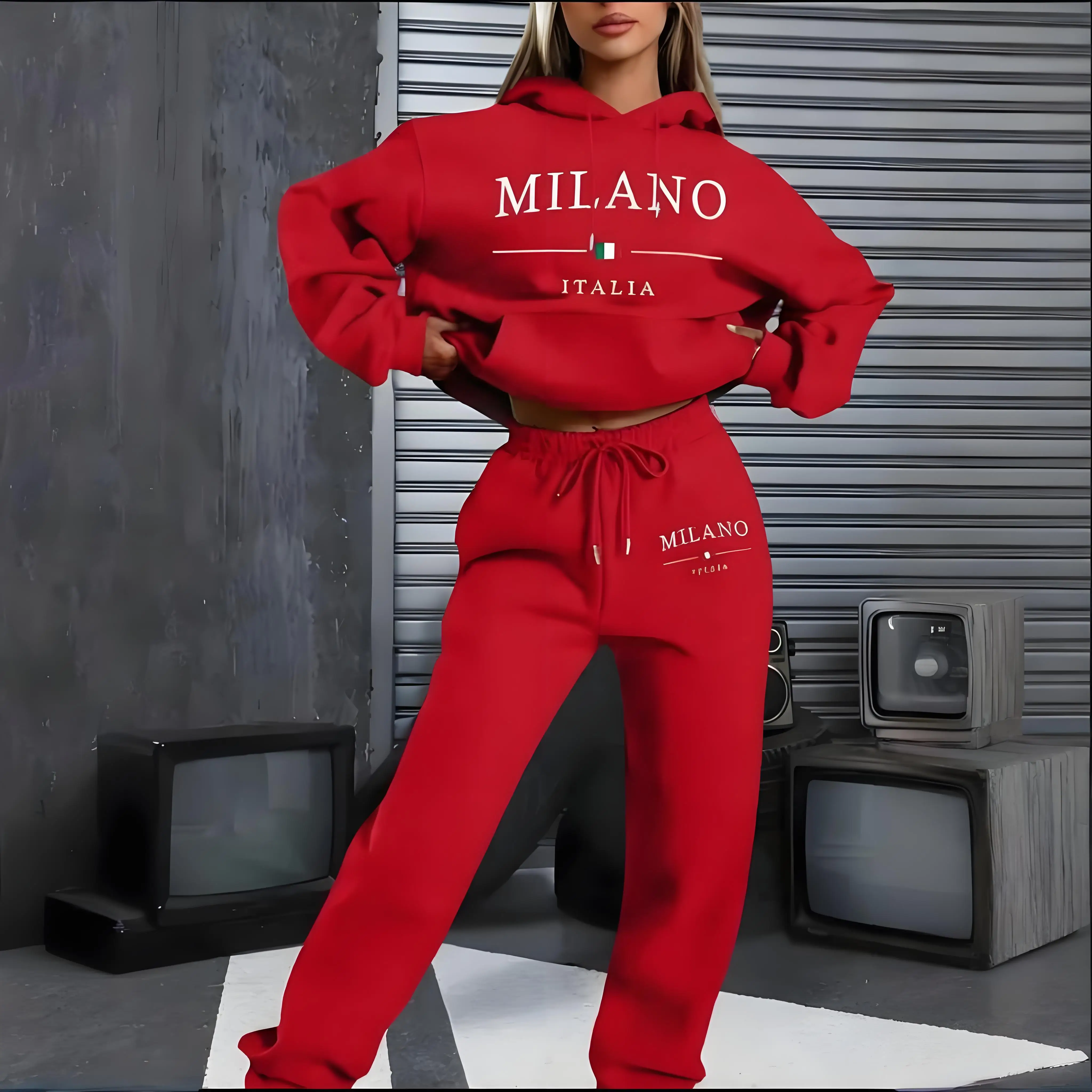 Hot women\'s 2-piece Milano print sports suit sportswear jogging suit women\'s hooded sportswear suit clothes hoodie+sweatpants