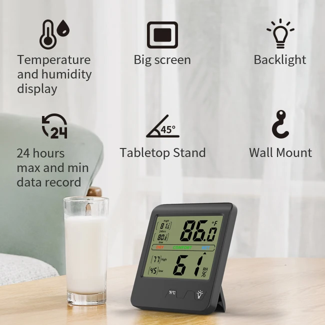 مقياس الحرارة الداخلي، مقياس الرطوبة، مقياس حرارة الغرفة، جدار دقيق، مقياس الرطوبة الرقمي، مستشعر درجة الحرارة والرطوبة #6