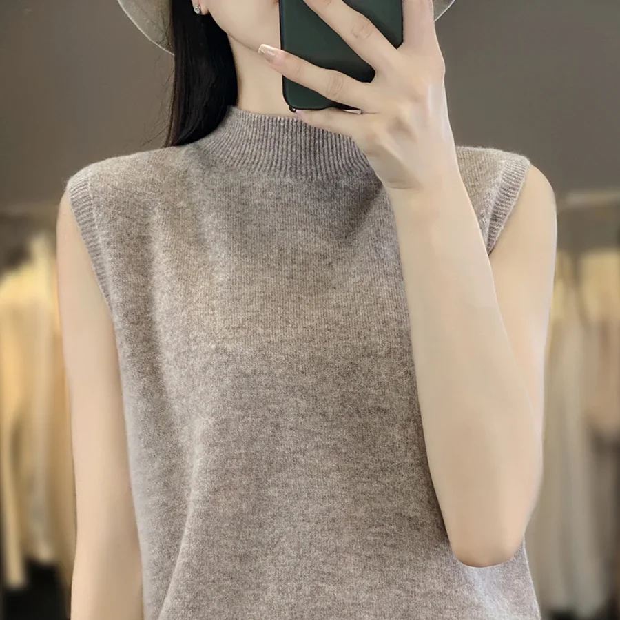 

Women's Summer Half-Turtleneck Vest Sleeveless Knitted Cropped Tank Top Soft Cotton Solid Pullover Sweater Waistcoat