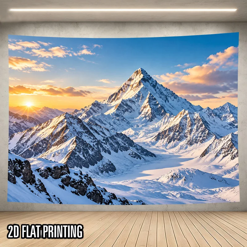 Snow Mountain Tapestry, Sunrise Snow Peak Mountain Glacier Golden Cloud Sky Nature Scene Wall Hanging, Landscape Print for