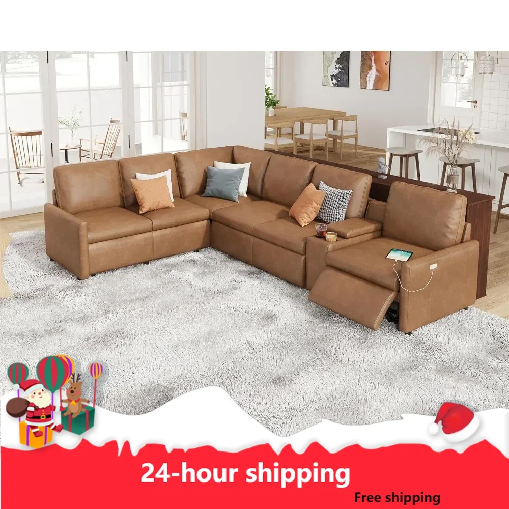 Reclining Sectional Sofa, Power Recliner with Console& Single Right Recliner, 6 Seats L Shaped Couch with Cup Holder