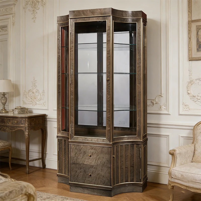 Luxurious  Antique Classic Living Room Furniture Wine Cabinet Storage Custom Glass Doors Wood Veneer Wine Home Bar Cabinet