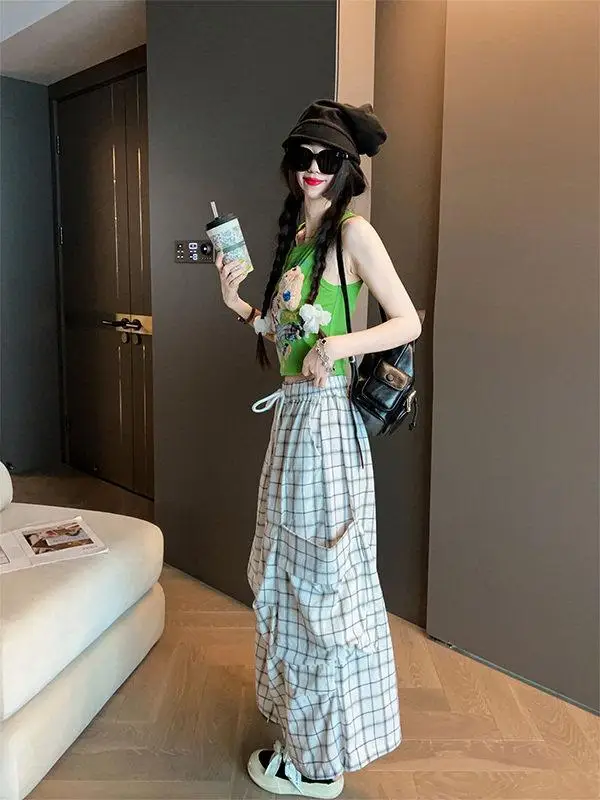 

plus Size 300 Pounds Sister Pear Shape Conceal Meat Slimming Plaid Work Pants Women Summer Thin High Waist Wide Leg Pants