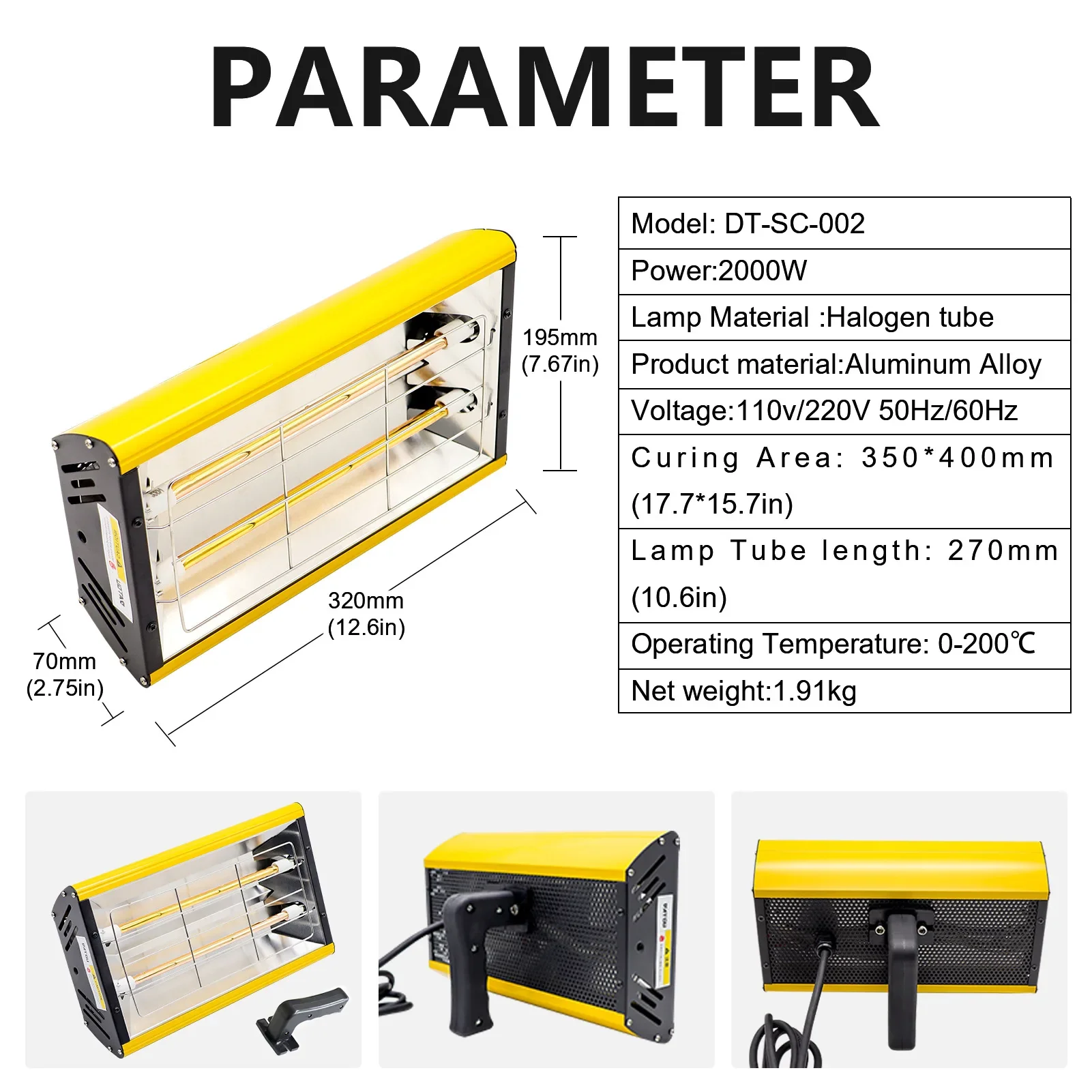 2KW infrared car paint baking lamp, paint booth paint baking lamp, handheld crystal plating baking lamp, car repair